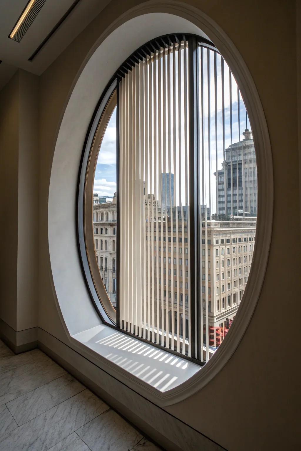 Vertical blinds bring a creative touch to oval windows.