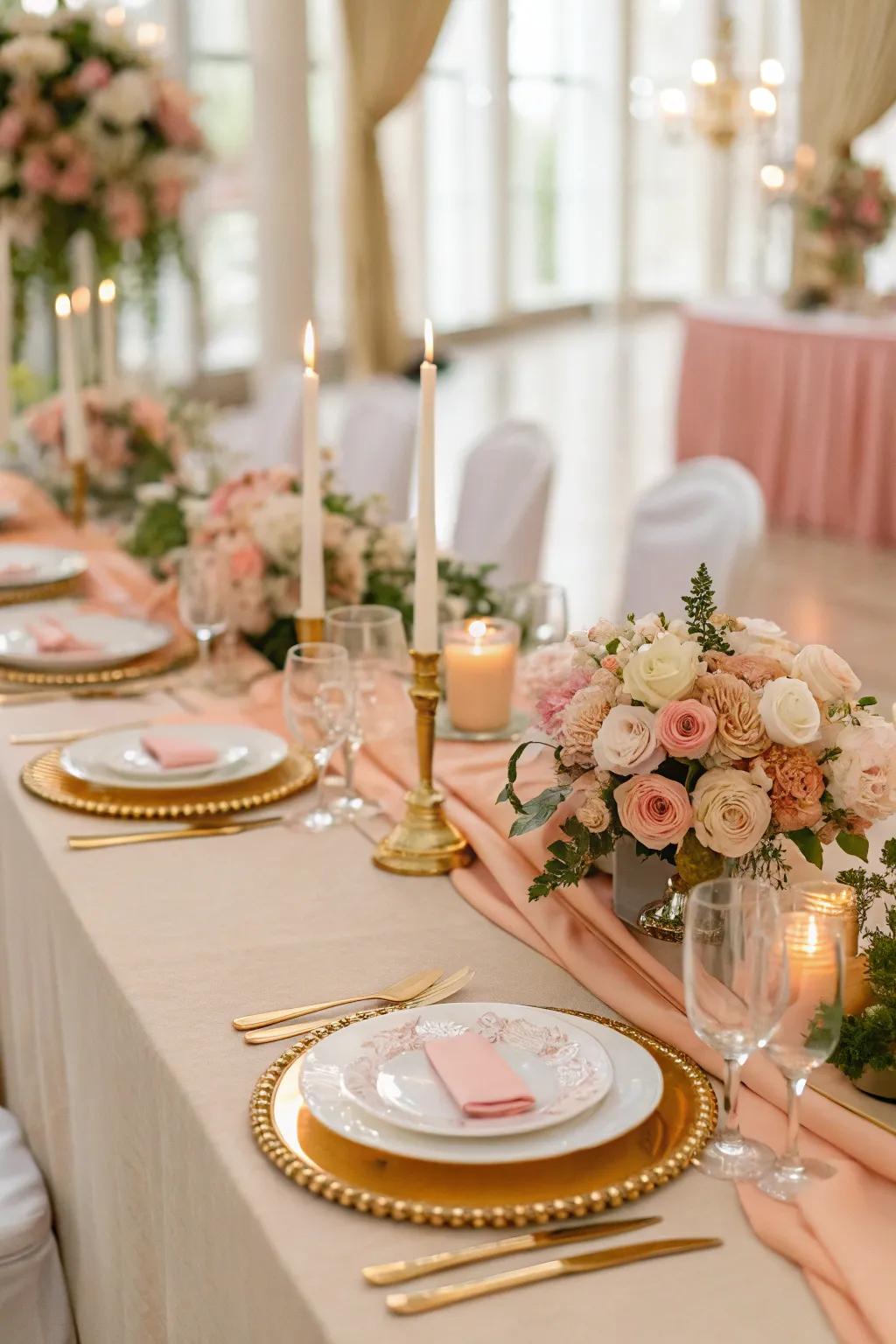 Luxurious peach and gold table settings for a touch of glamour.