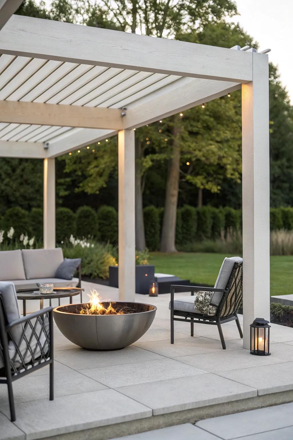 Where minimalism meets elegance: a modern pergola with a simple fire pit.