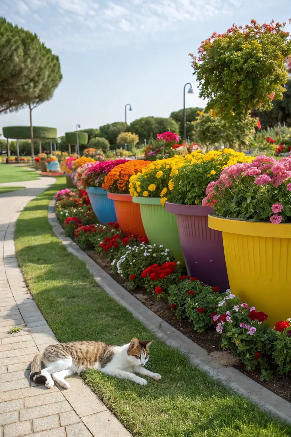 Decorative planters with pet-safe flowers enhance garden aesthetics.