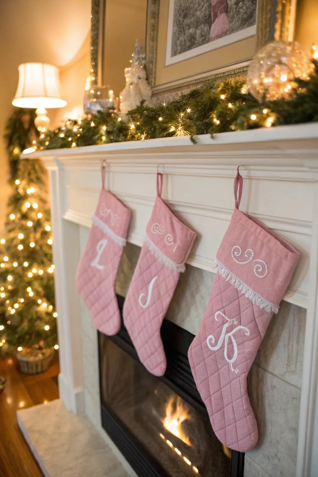 Personalized pink stockings bring joy to the mantle.