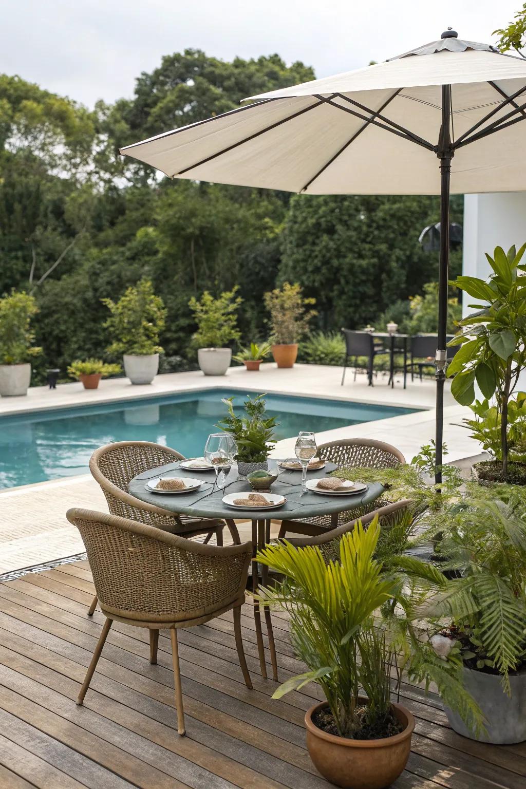 Enjoy eating outside with a stylish table set by the pool.