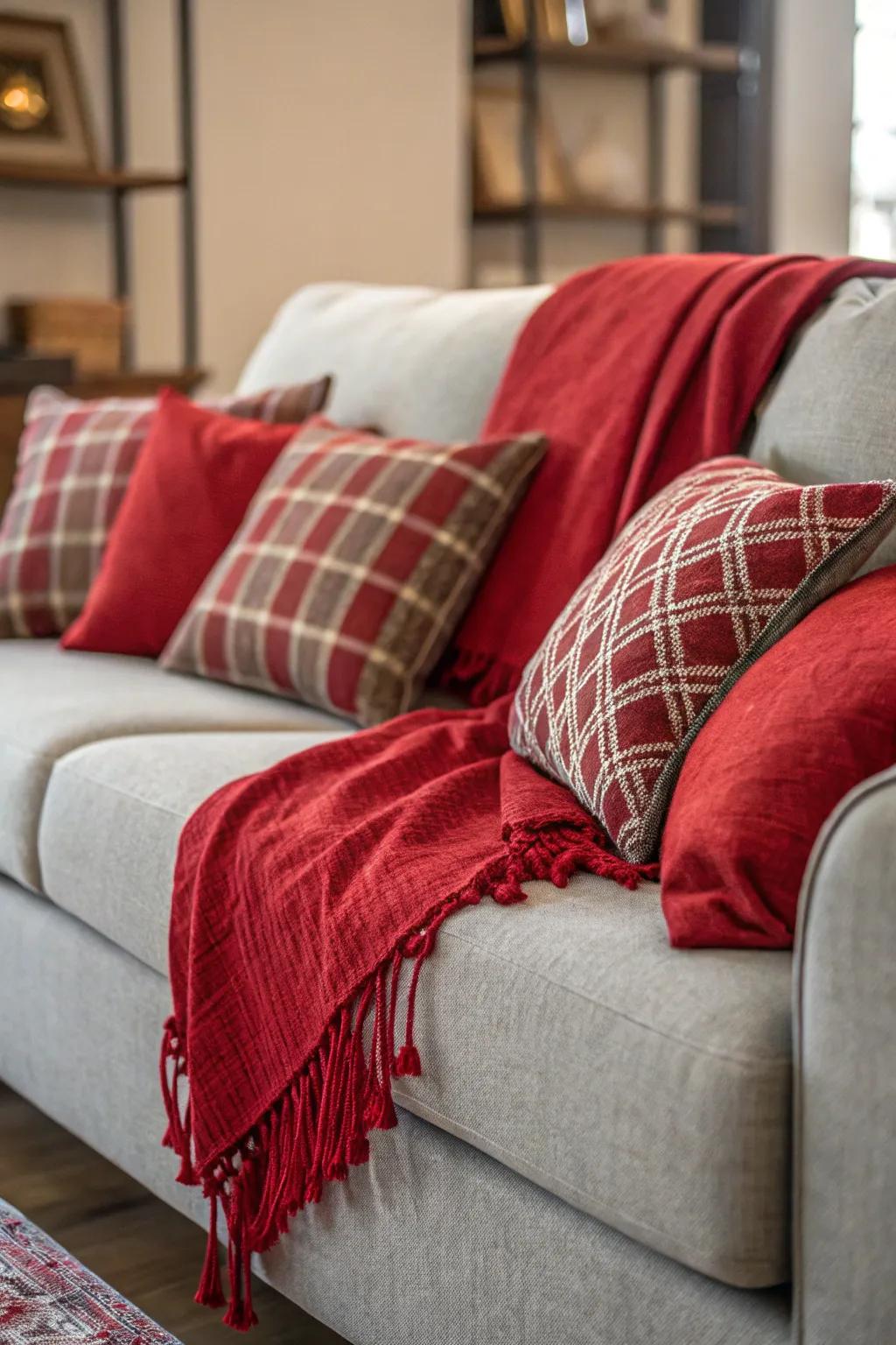 A grey sofa adorned with red throws for a cozy touch.