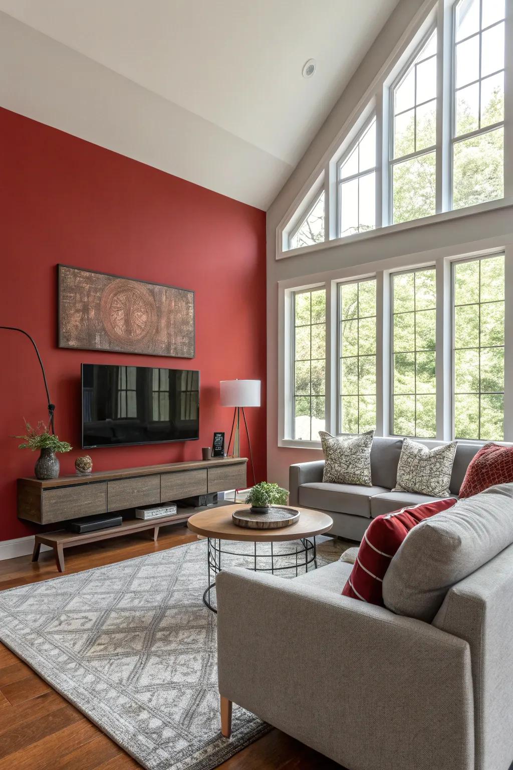 A striking red accent wall that makes a statement in an otherwise neutral space.