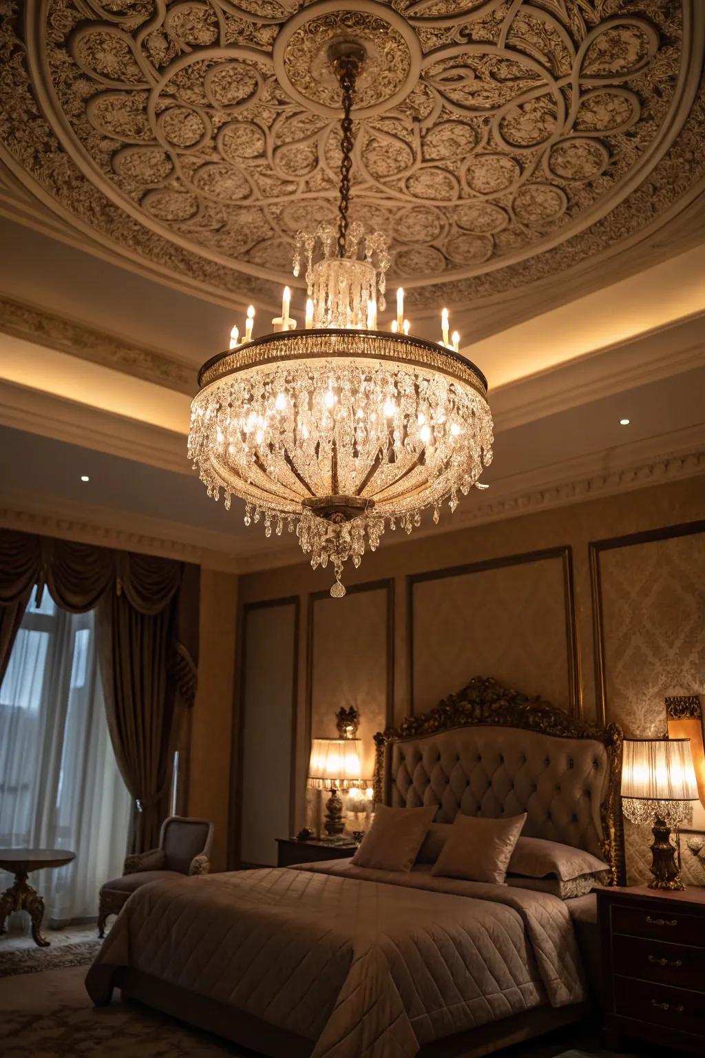 A crystal chandelier brings sophistication and warmth to this royal bedroom.