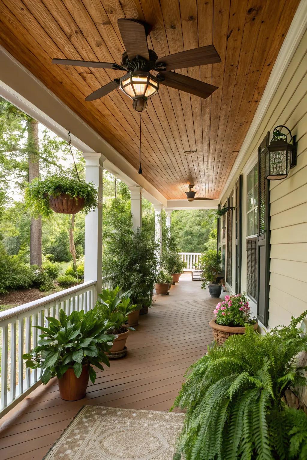 A vintage fan complements the rustic ceiling perfectly.