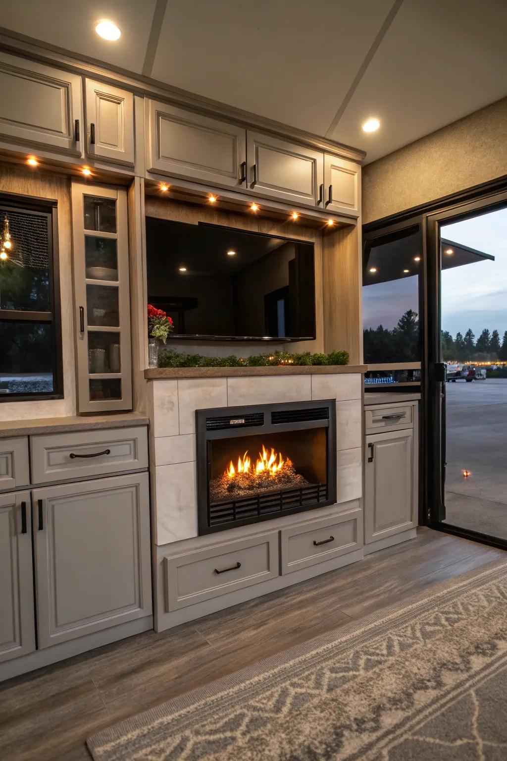 Practical fireplace boasting ample storage solutions.
