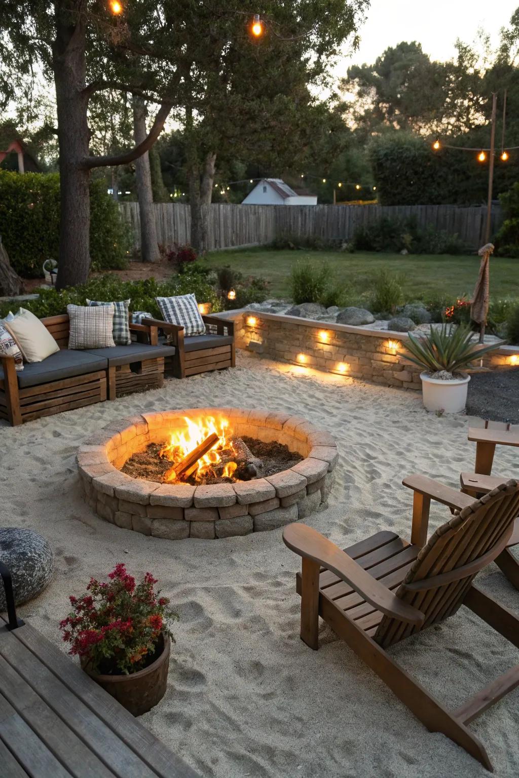 Enjoy a cozy fire area surrounded by sand.