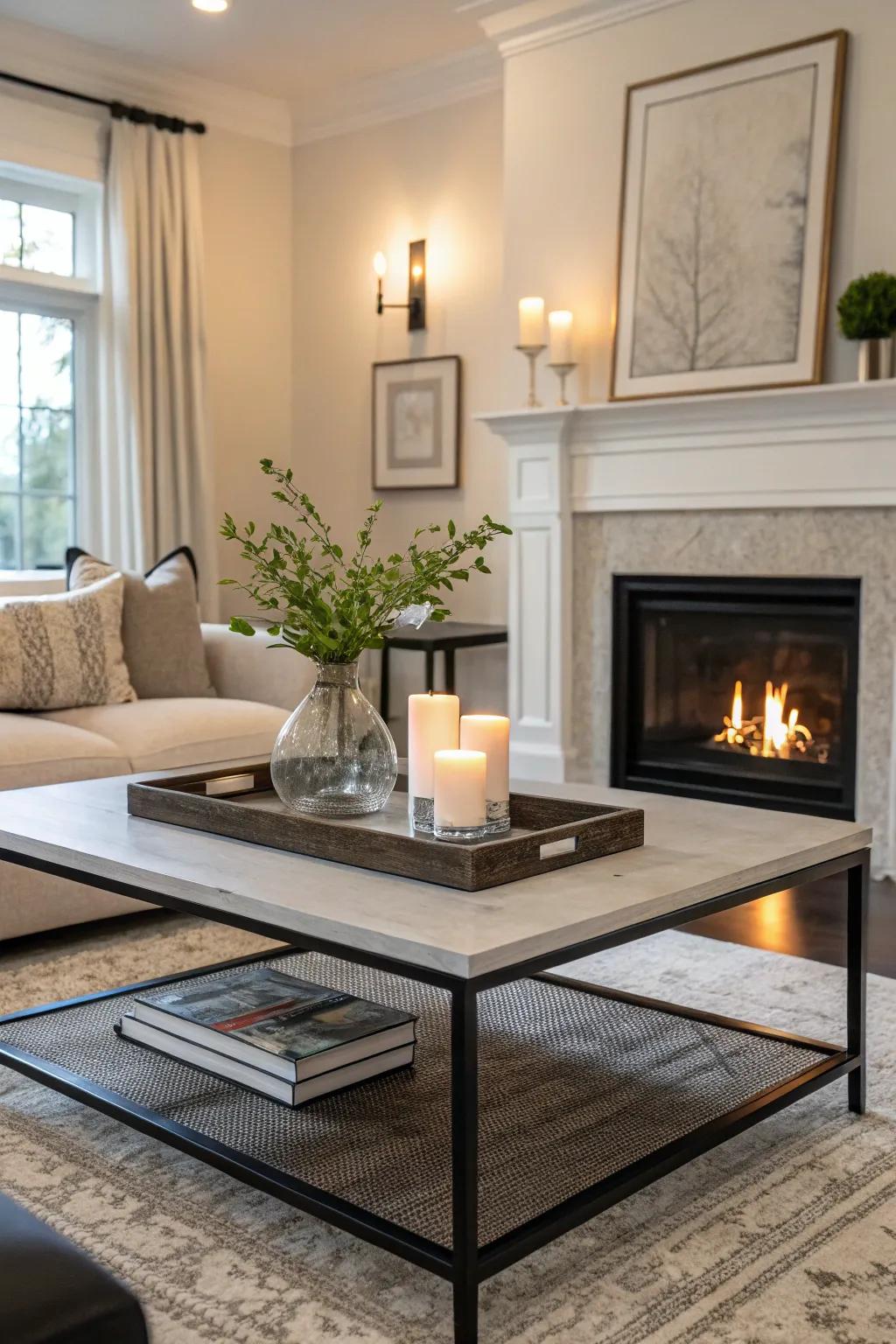 A functional coffee table creates a welcoming hub in front of the fireplace.