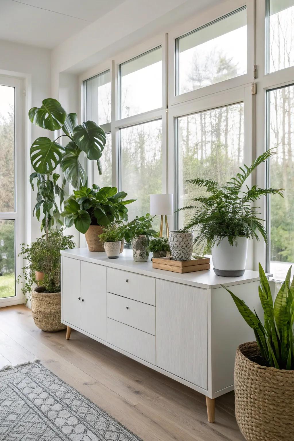 A bunch of houseplants on a sideboard introduces vibrant greenery and texture.