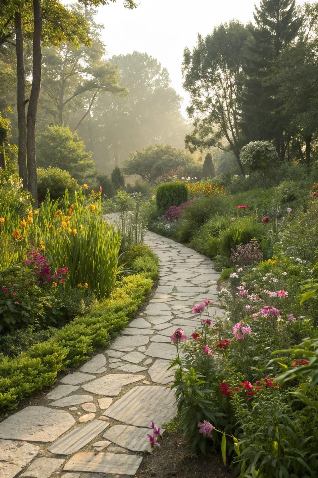 A natural stone pathway leading through a serene garden.