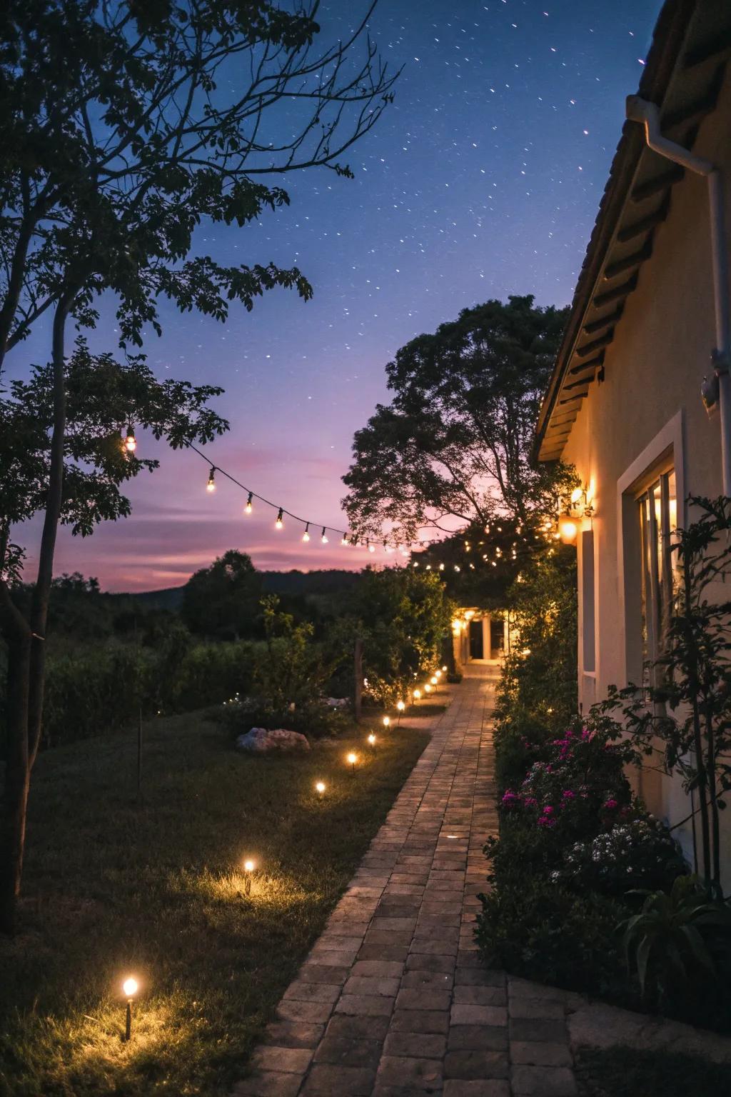 Make your evenings magical with the warm glow of lights along the pathway.