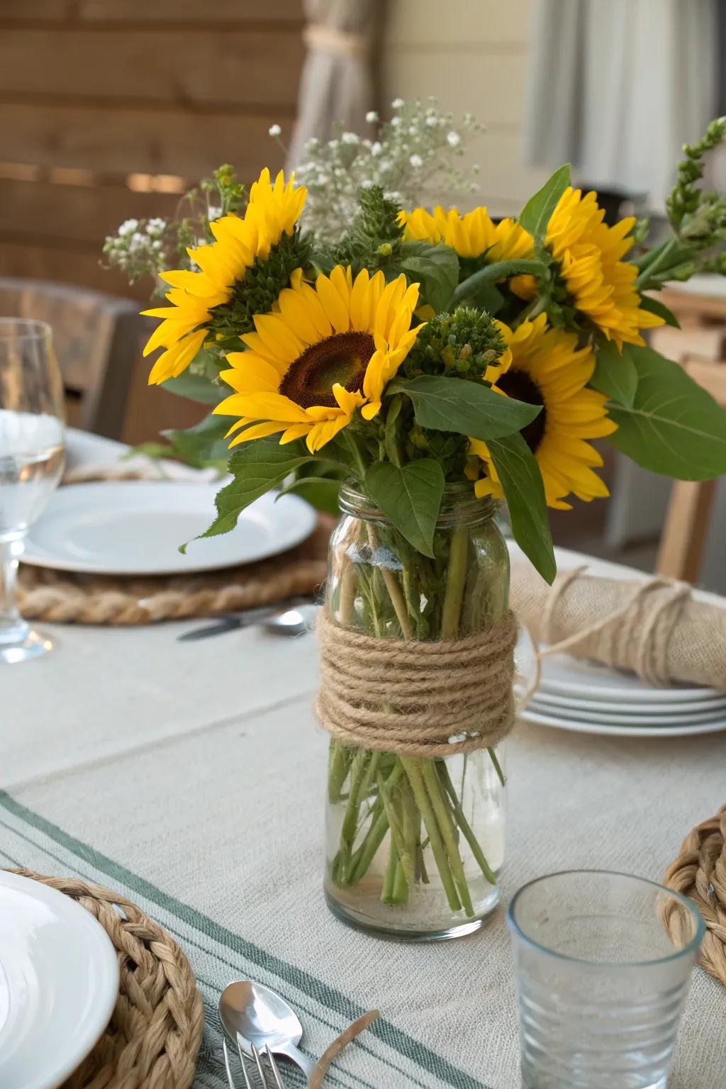 Rustic twine adds a charming element to any sunflower arrangement.