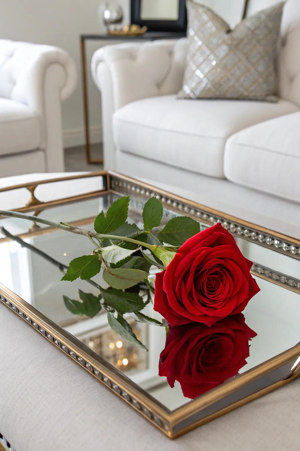 A mirrored tray enhances the visual impact of a single rose.