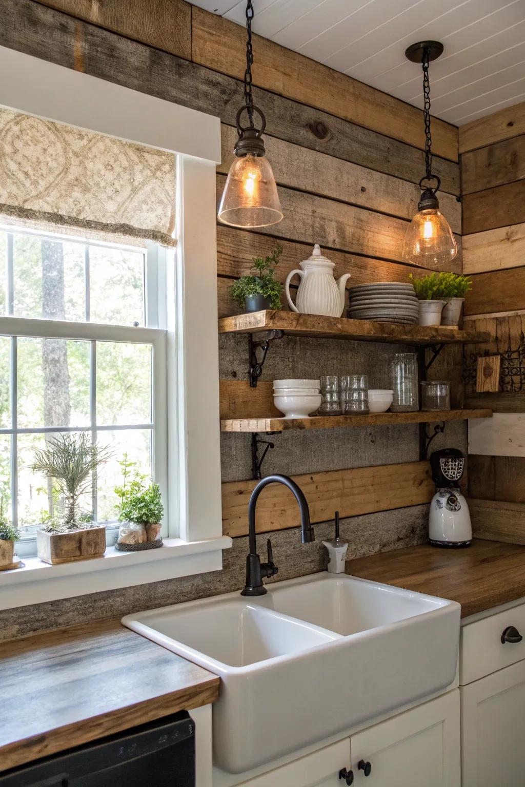 Farmhouse appeal with rustic wood elements used in the kitchen.