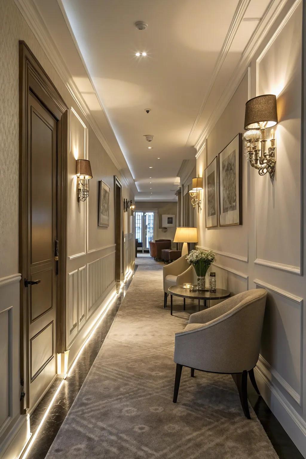 LED lights highlight <strong><em>skirting boards</em></strong>, adding warmth and drama.” loading=”lazy” class=”pimg”>
	</picture><figcaption>LED lights highlight <strong><em>skirting boards</em></strong>, adding warmth and drama.</figcaption></figure>
<p>Adding lights can really make your <strong><em>skirting boards</em></strong> pop. I played around with some soft LED lights and was blown away by how much warmth and drama they brought to my hallway.</p>
<h3>A few helpful options:</h3>
<ul class=