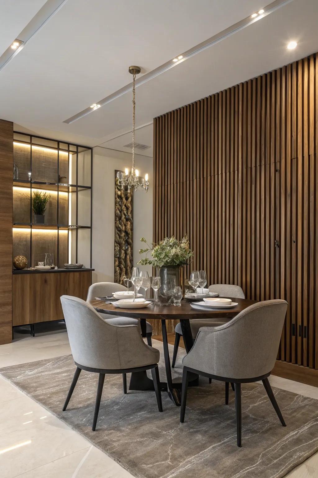 A dining room with a wood slat wall that creates a sophisticated atmosphere.