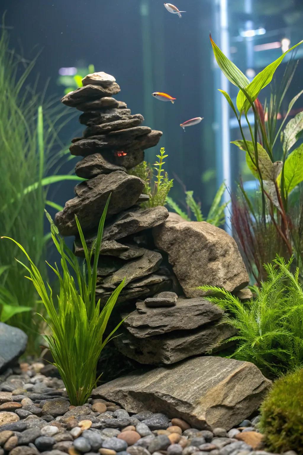 An upright stone garden introduces depth and dramatic flair.
