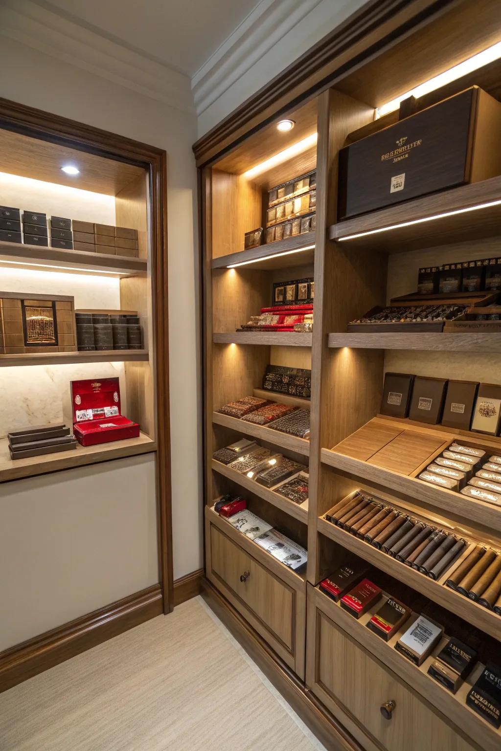 Efficient storage solutions keep this small cigar room organized and stylish.