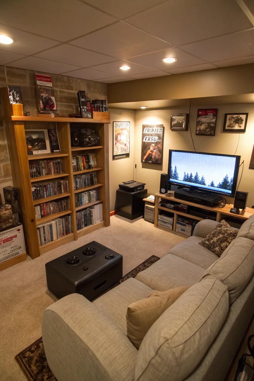 A corner entertainment nook makes effective use of space, combining a TV and gaming console seamlessly.
