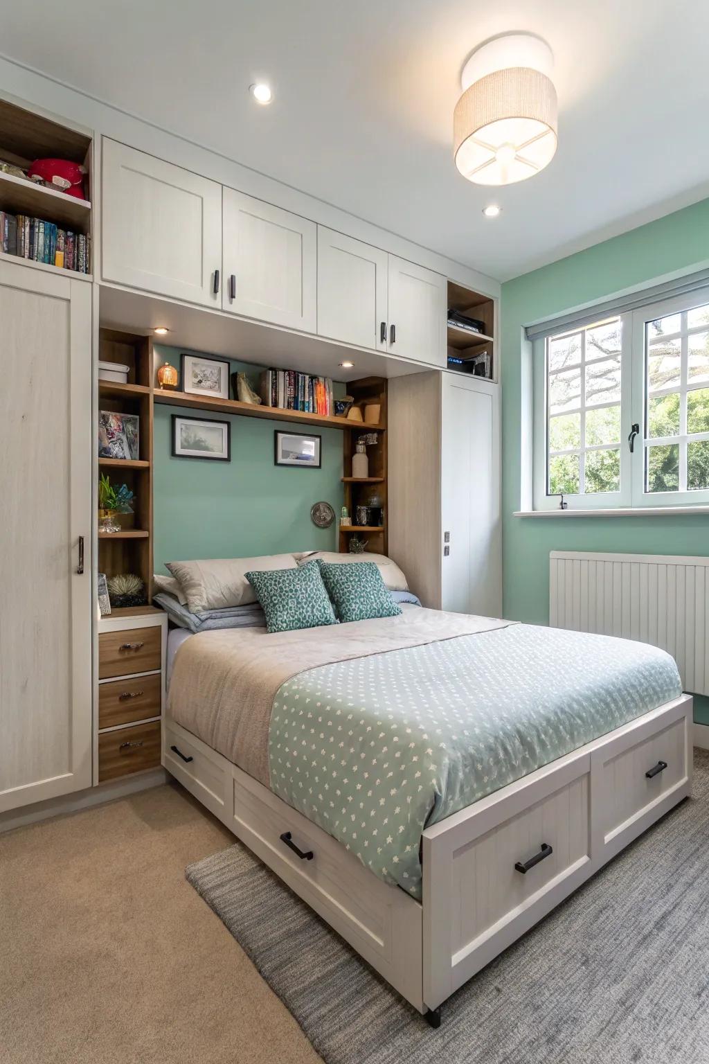 Smart furniture choices optimize space in a small master bedroom.