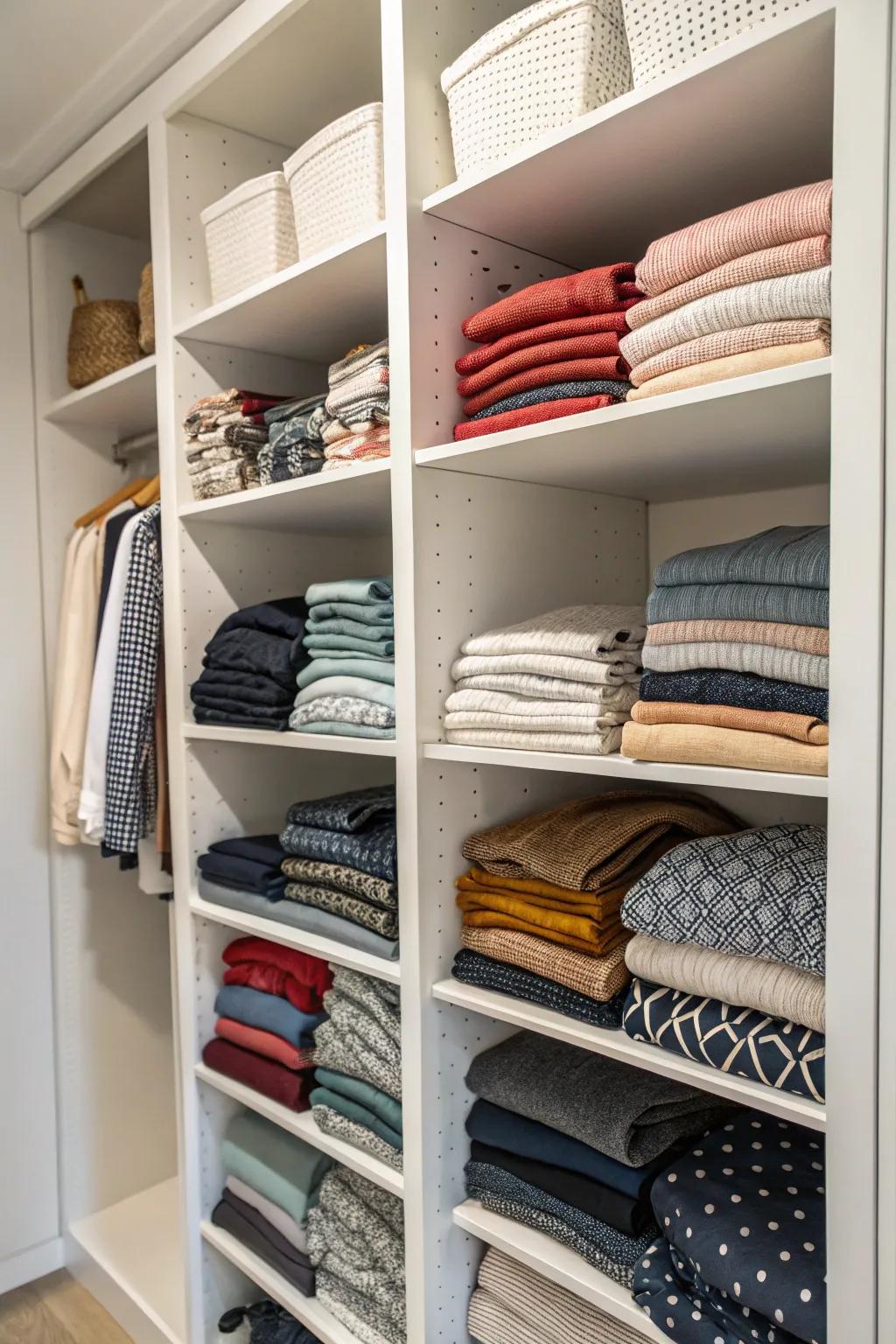 Shelf dividers keep your closet tidy by preventing piles from merging and toppling.