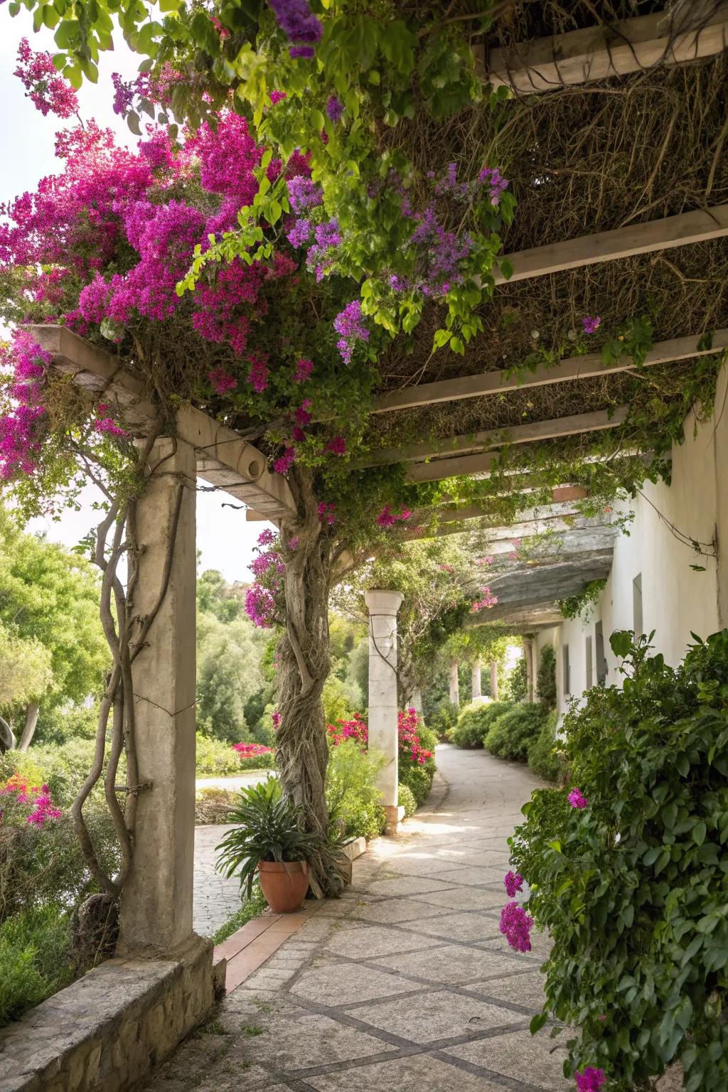 Twining climbers contribute color and shade to your pergola.