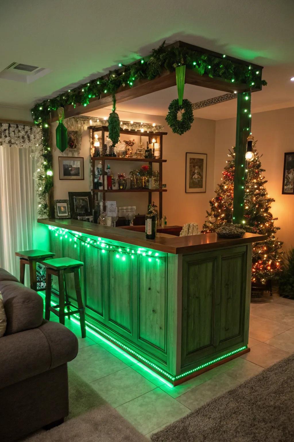 Green lighting creates an inviting and festive atmosphere for the holiday.