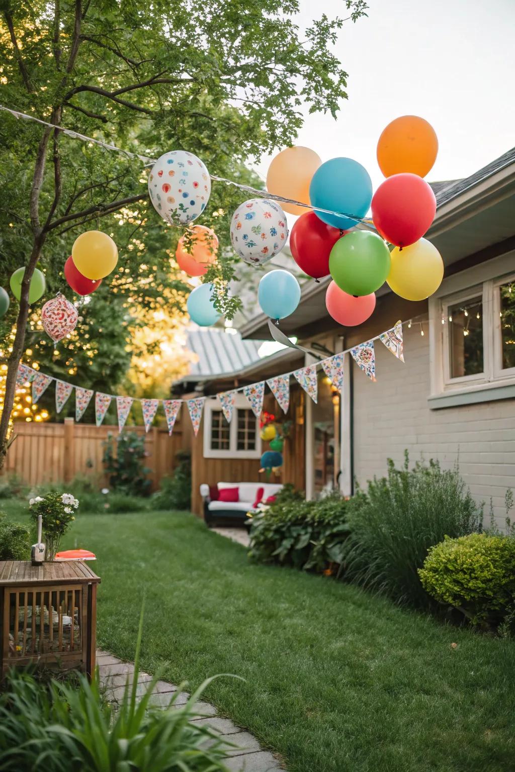 A yard decorated with vivid balloons and a festive banner.