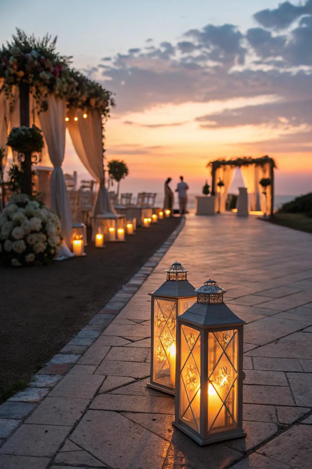 A wedding aisle beautifully illuminated by glowing lanterns.