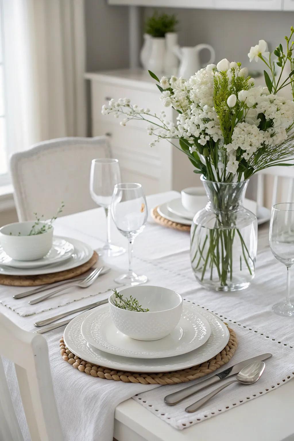 A serene table setting with a monochromatic white color scheme.