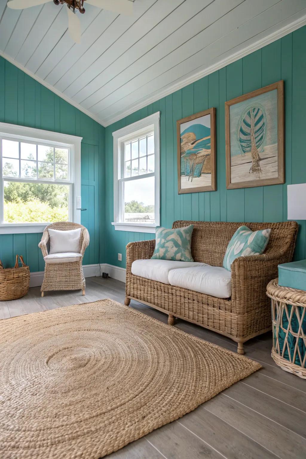 Coastal-inspired decor with teal walls and natural textures.