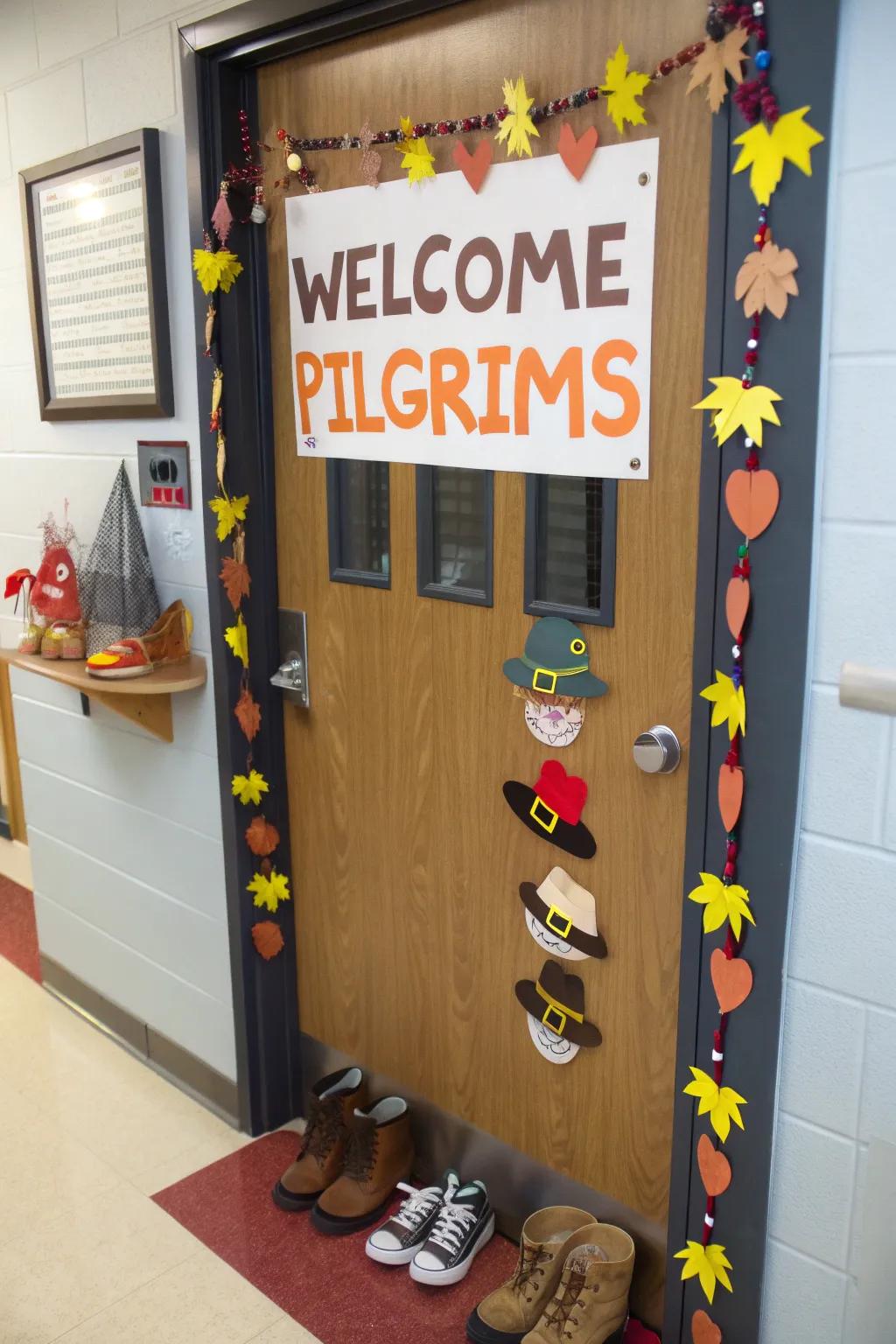 A Pilgrim-themed door that welcomes students to a historical Thanksgiving.