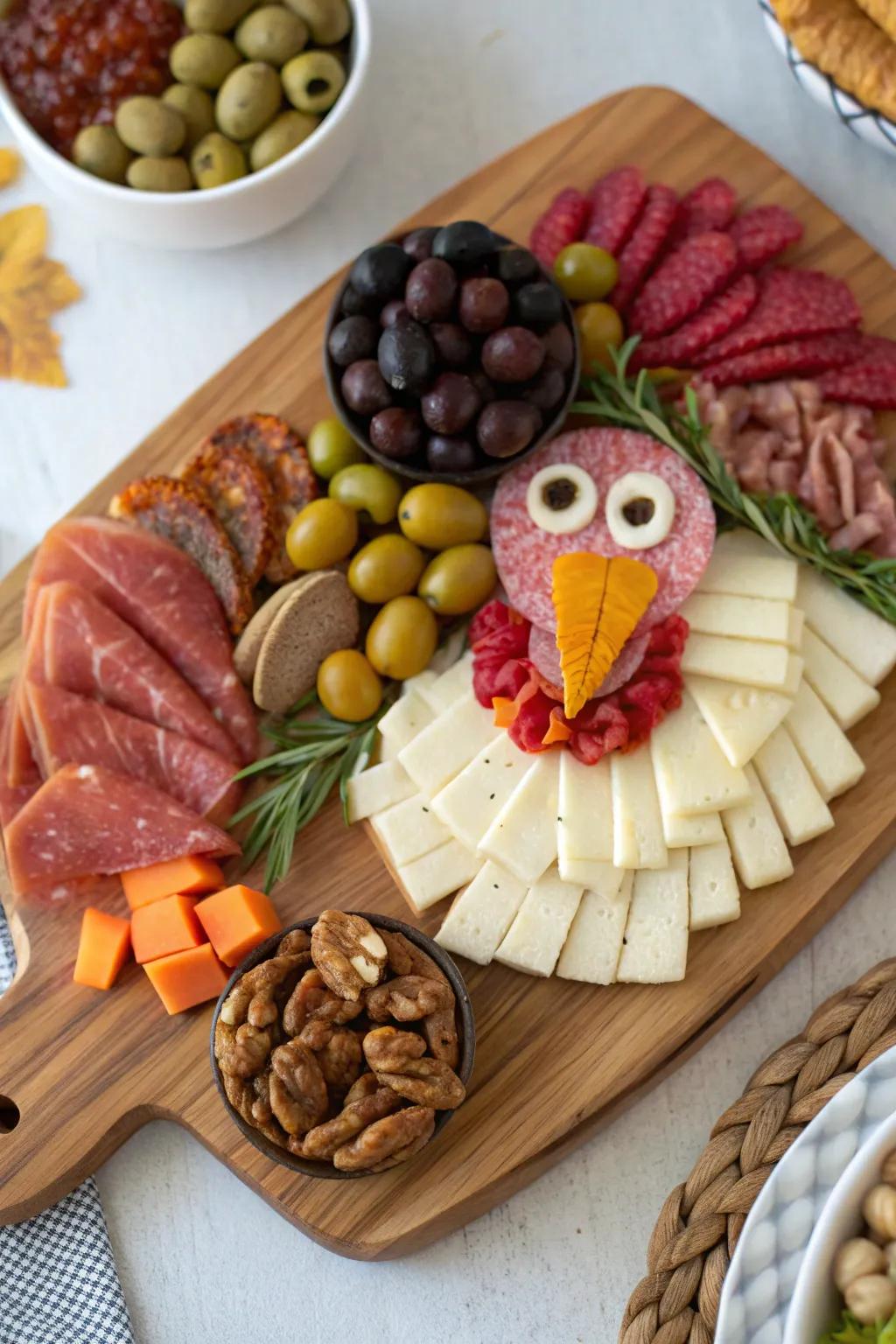 A rustic, meat-filled turkey-shaped charcuterie board for meat enthusiasts.