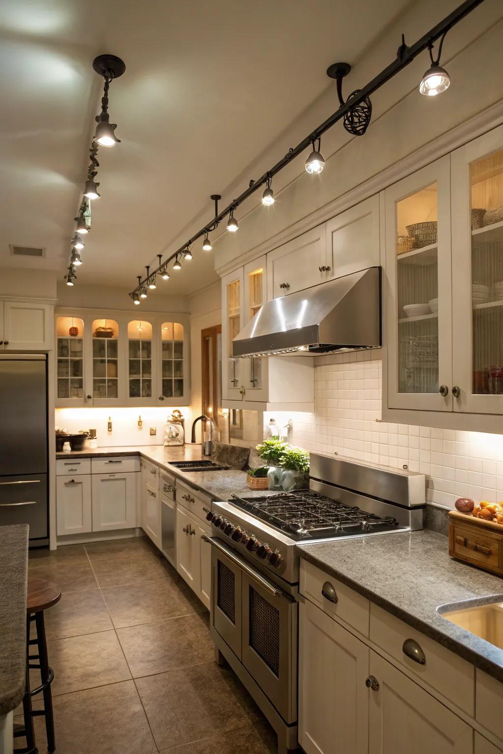 Directional track lighting focusing on important kitchen work zones