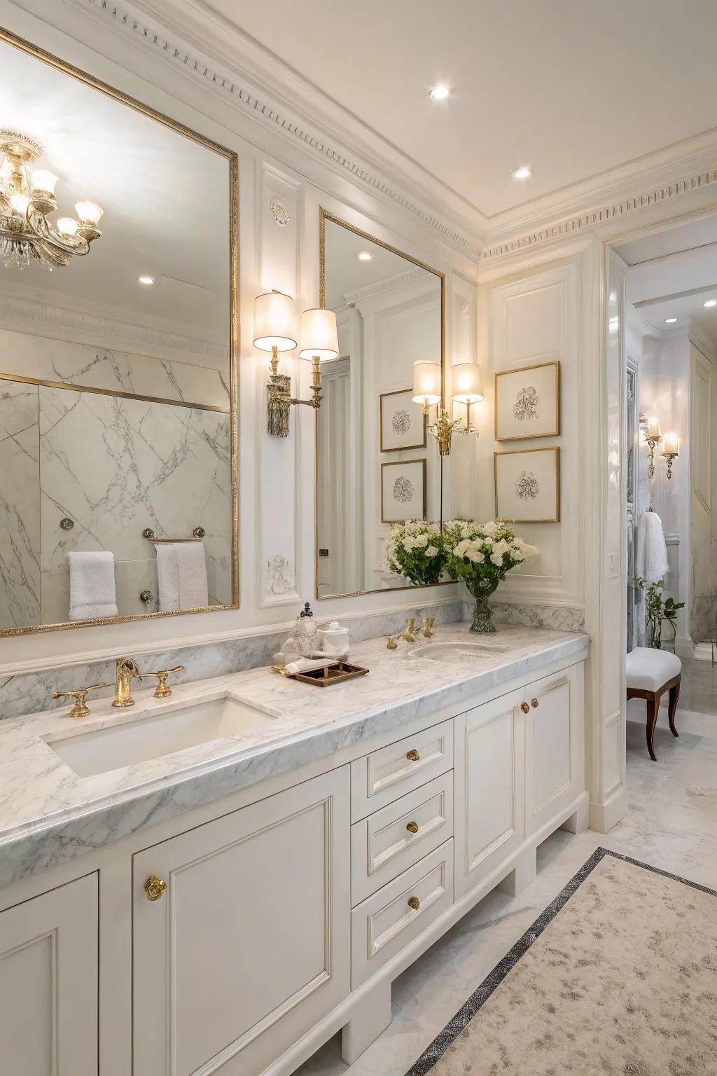 A white bathroom featuring elegant marble countertops that introduce a luxurious nuance.