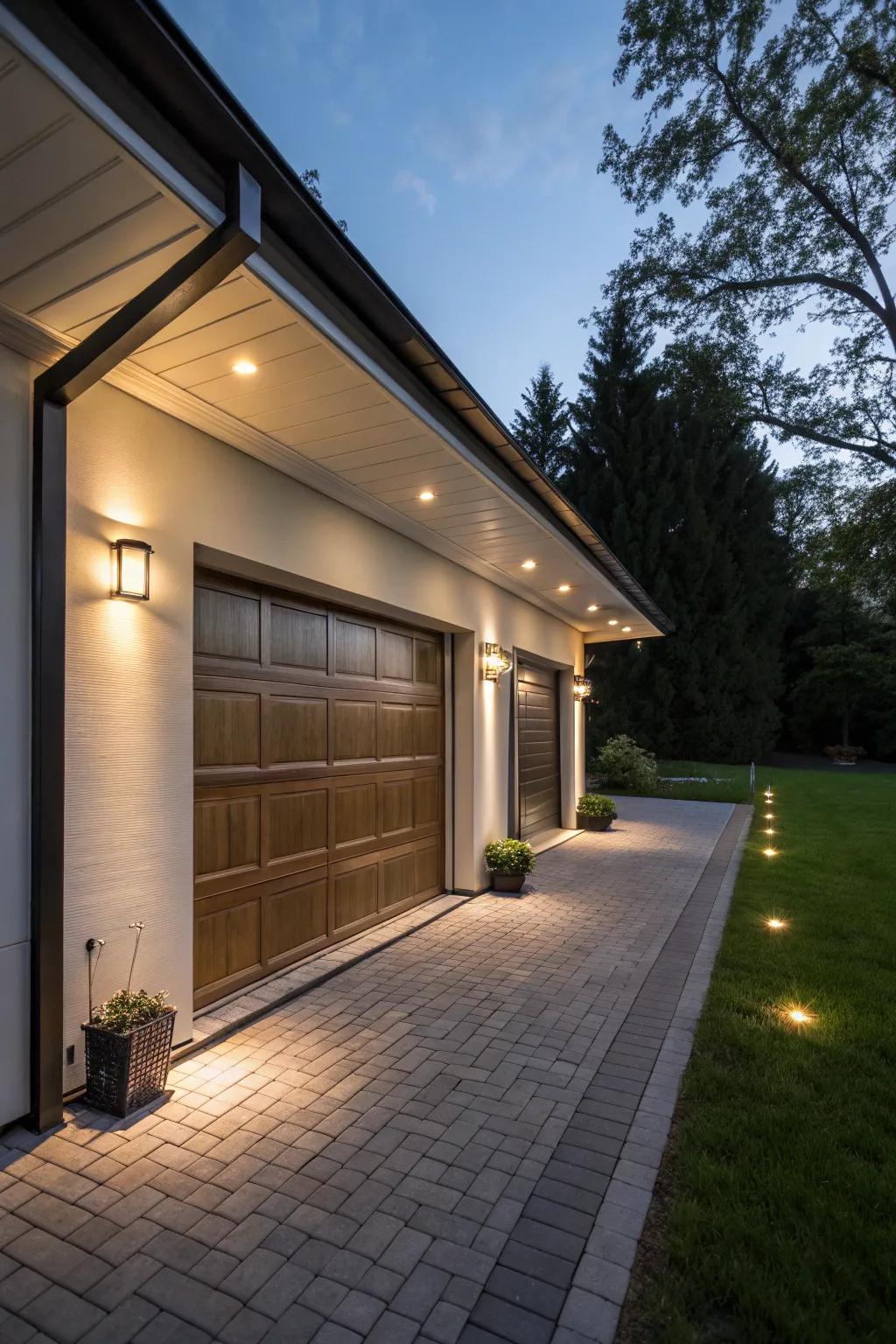 Under eave lighting transforms the garage into a stylish feature.