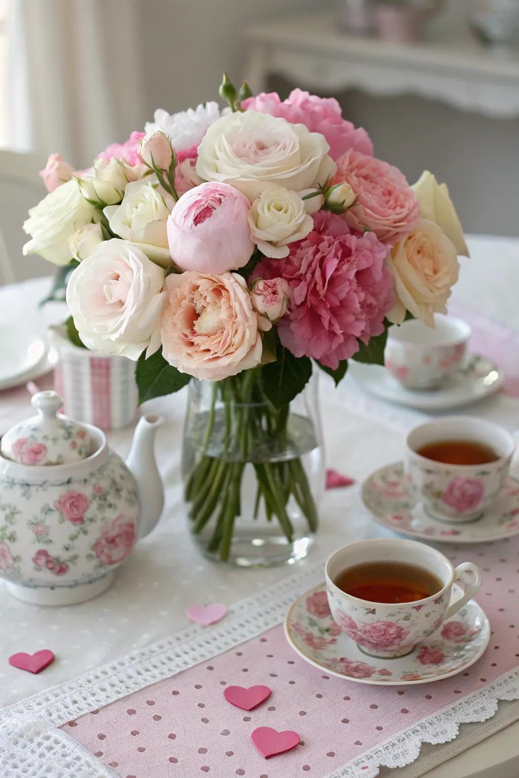 An attractive flower decoration with rosy and white roses and peonies.