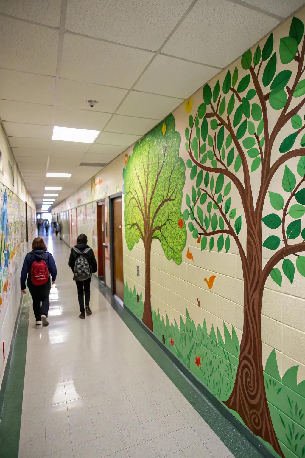 Nature-inspired wall designs bring a fresh and calming touch to this school corridor.