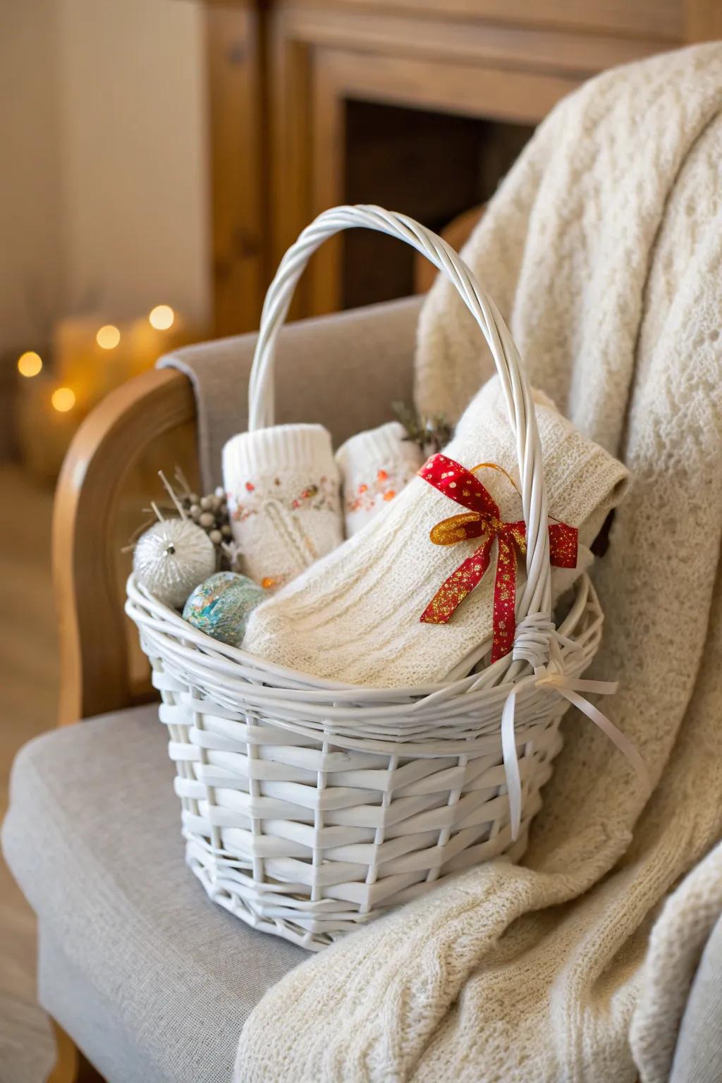 A cozy winter-themed white gift basket to keep the chill away.