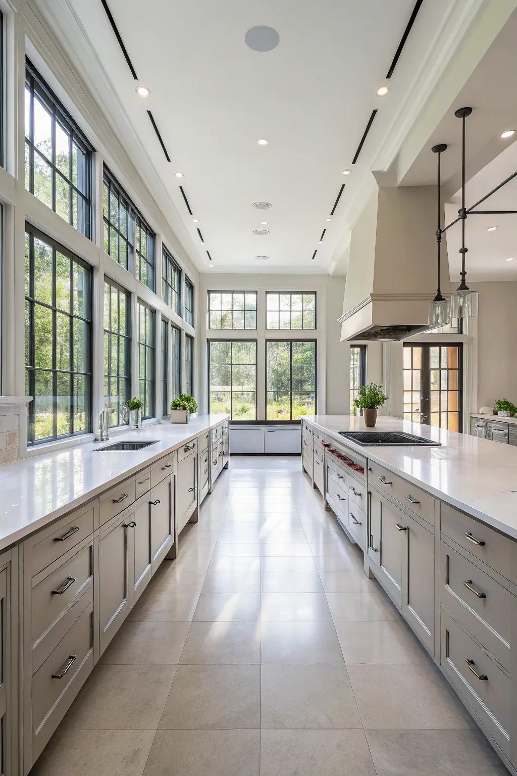 Symmetrical design cues fostering harmony in a broad galley kitchen.