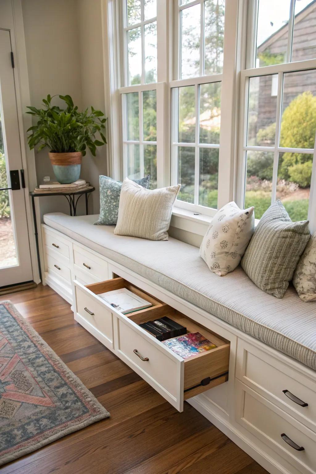 A window bench with built-in storage drawers to maintain a tidy space.