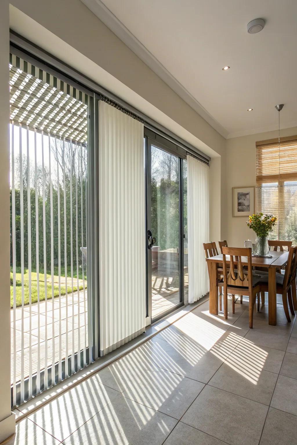 Vertical blinds providing practical light control in a dining space