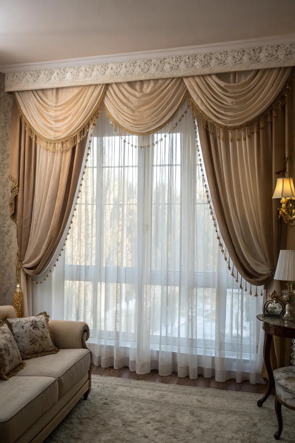 Layered valances with sheer curtains for a luxurious look.