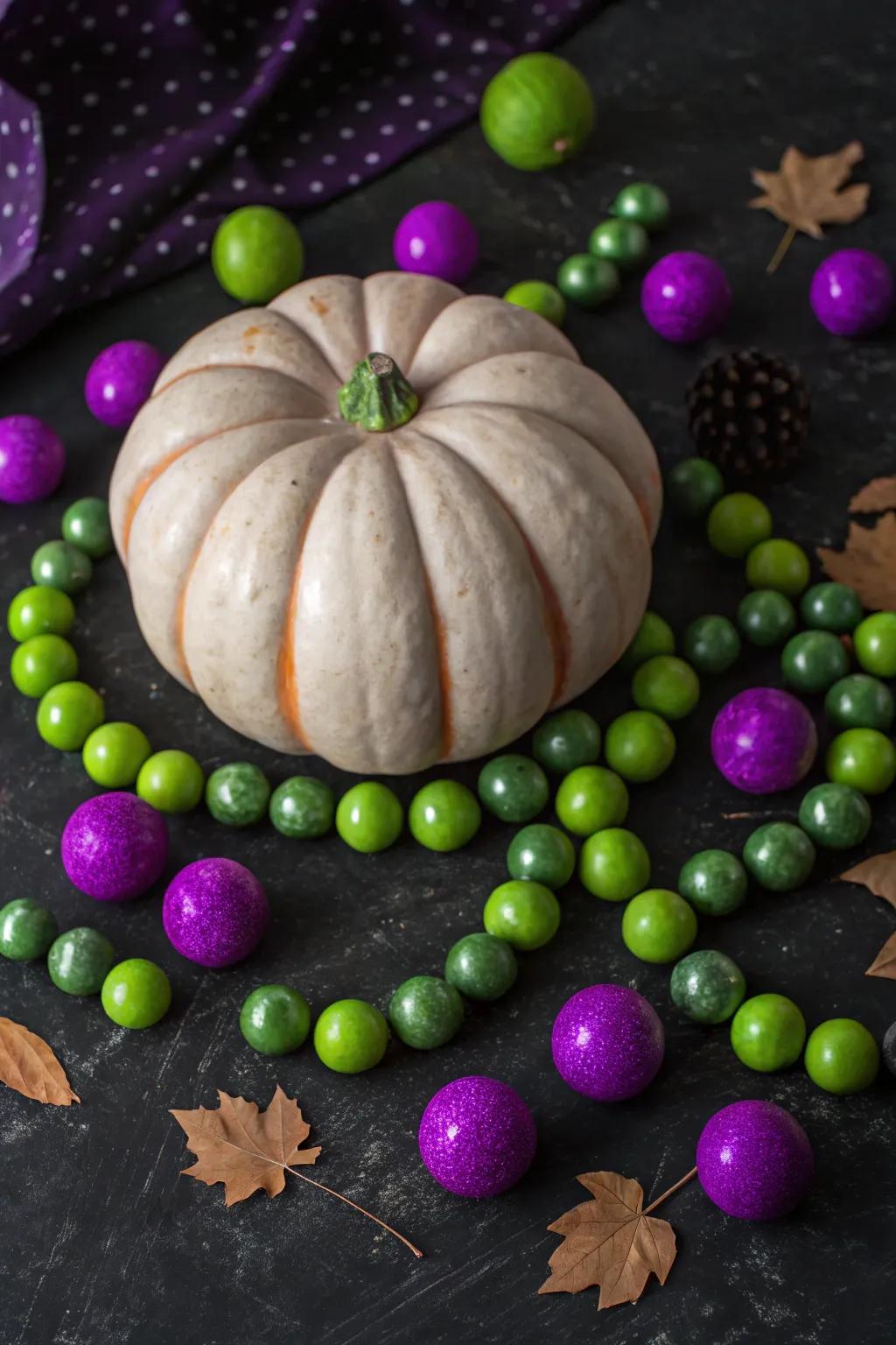 Pumpkin adorned with colorful potion ingredients.