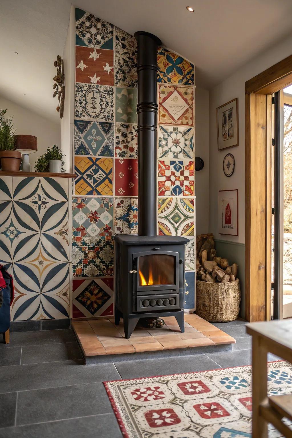 Geometric tiles craft a striking visual center of attention around a wood heater.