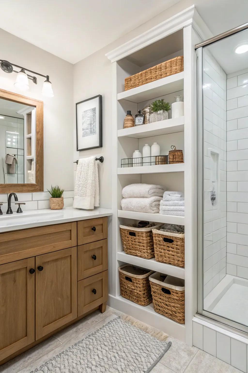 Clever storage solutions utilizing wall-mounted units and shelving.