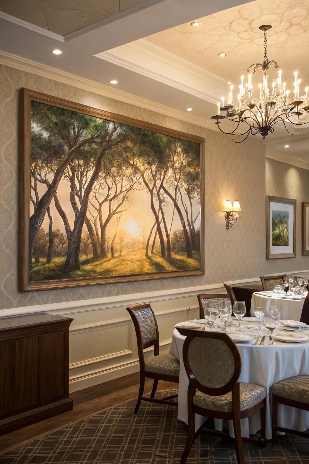 Abstract woodland painting creating a whimsical dining ambiance