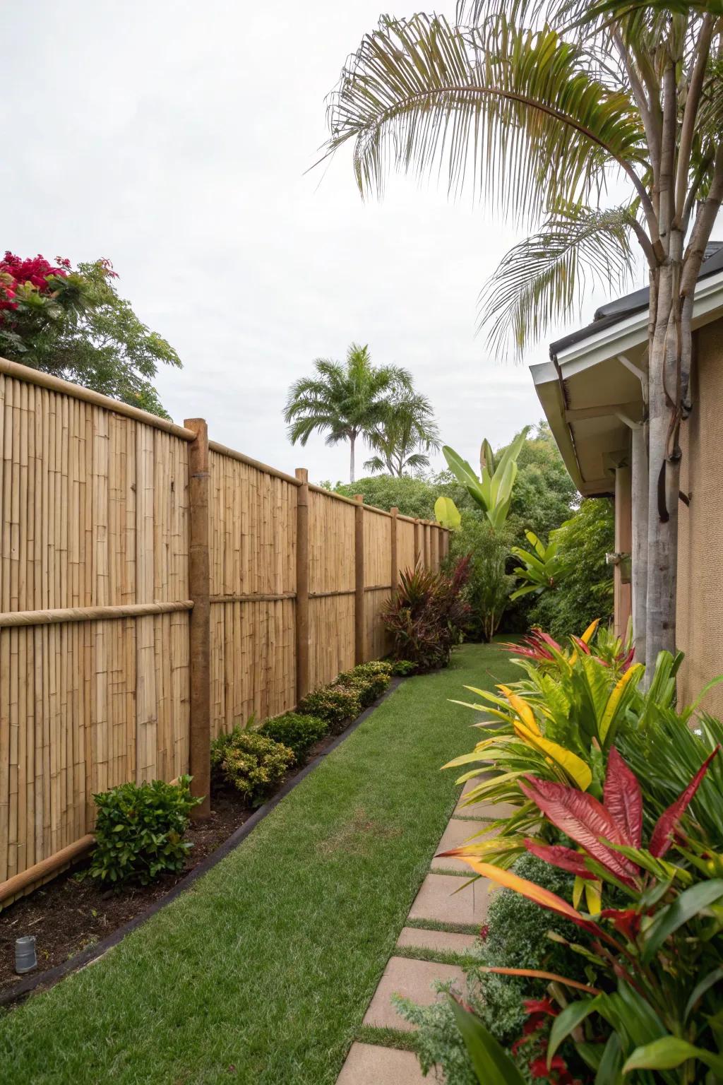 Tall bamboo fencing offers privacy with a tropical touch.