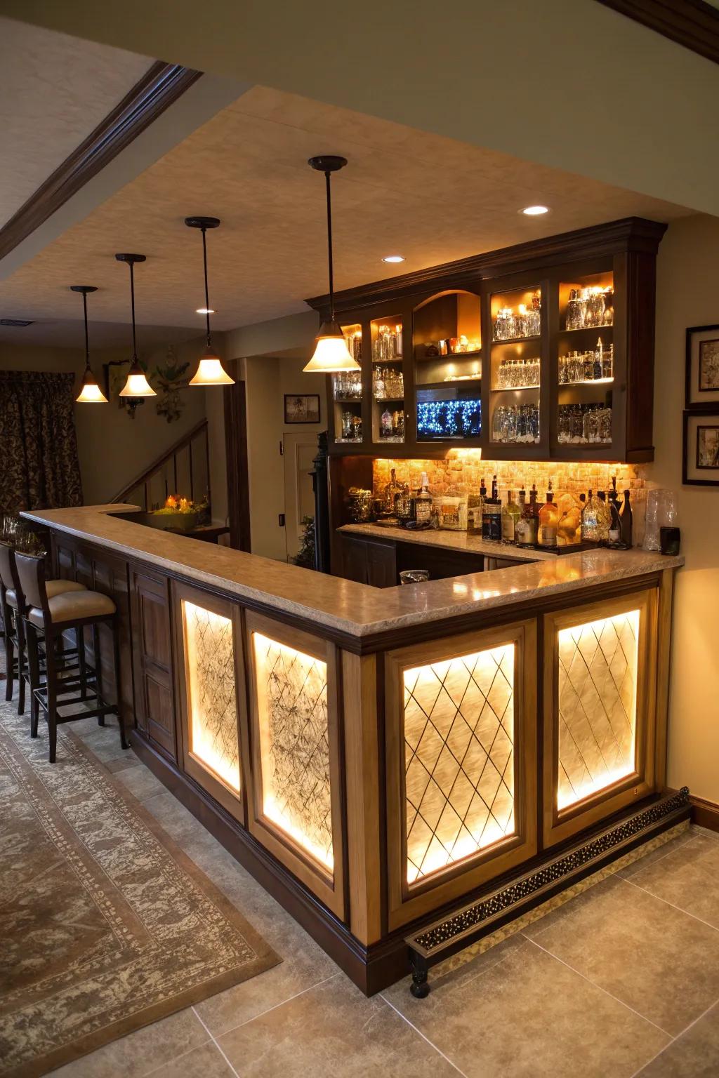 Backlit panels fashion a dramatic and elegant bar ambiance.
